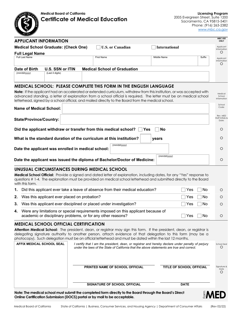 Form MED Certificate of Medical Education - California, Page 1