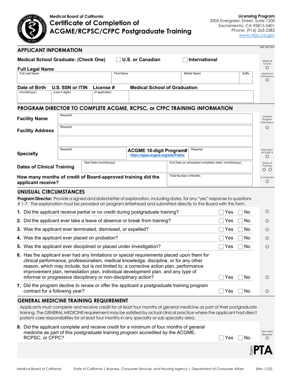 Form PT Certificate of Completion of Acgme / Rcpsc / Cfpc Postgraduate Training - California, Page 1