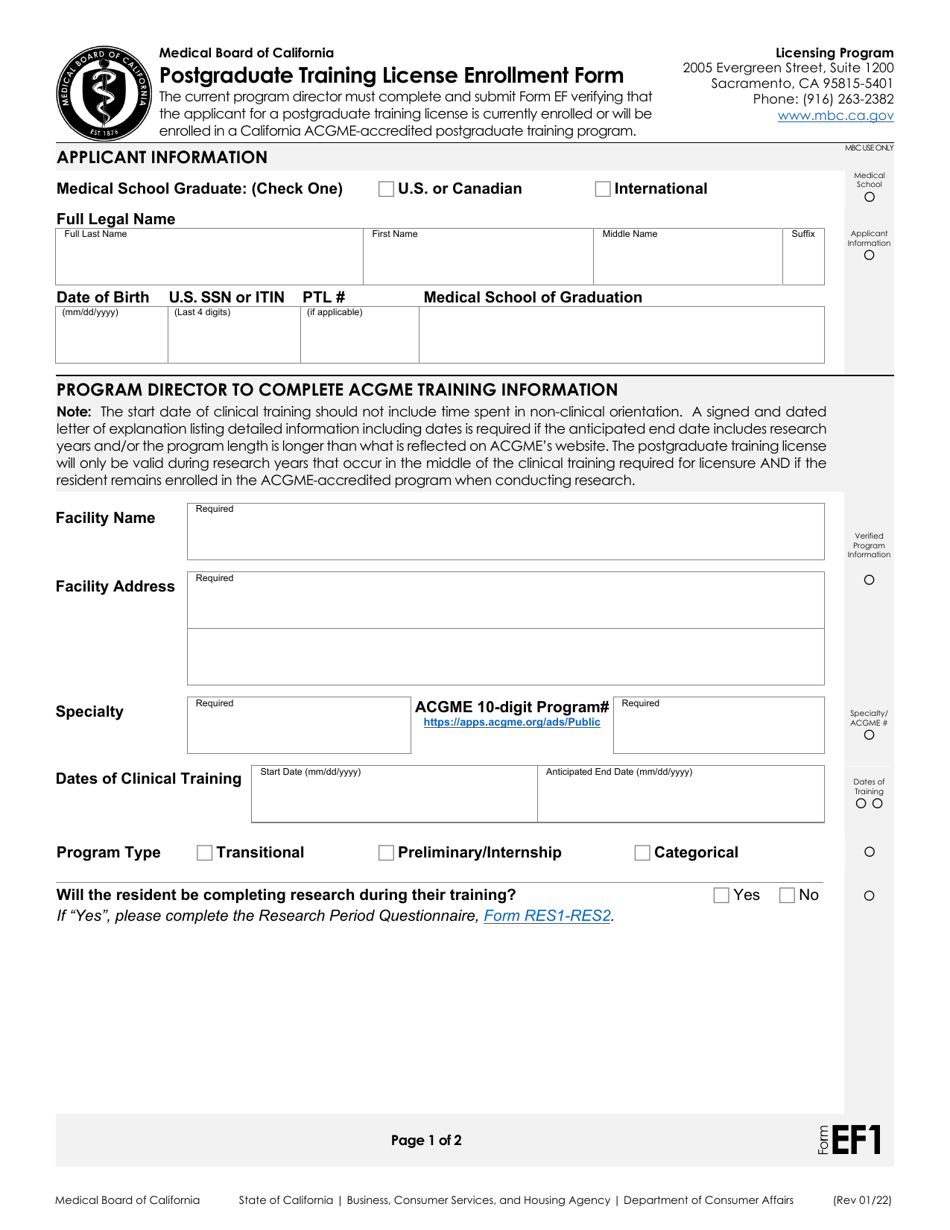 Form EF Postgraduate Training License Enrollment Form - California, Page 1