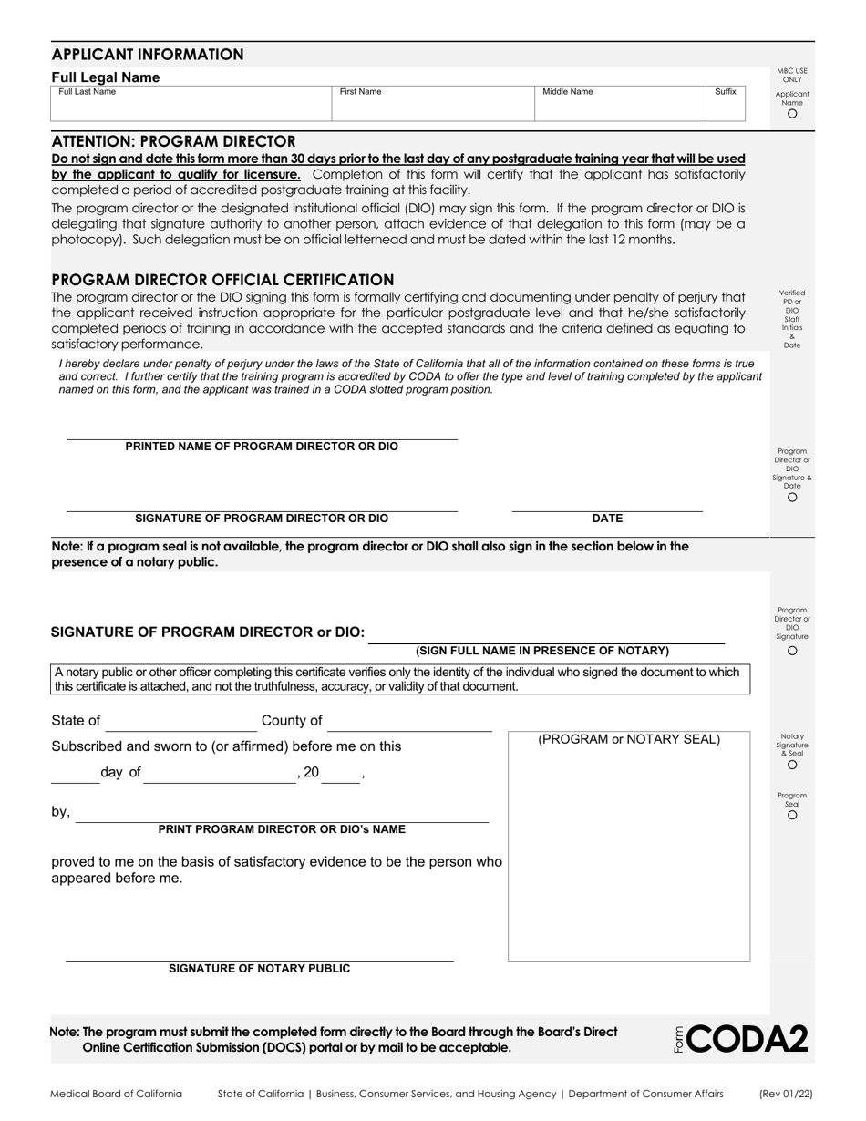 Form CODA Certificate of Completion of Coda Postgraduate Training - California, Page 2