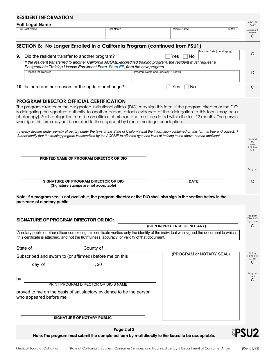 Form PSU Program Status Update / Change Form - California, Page 2