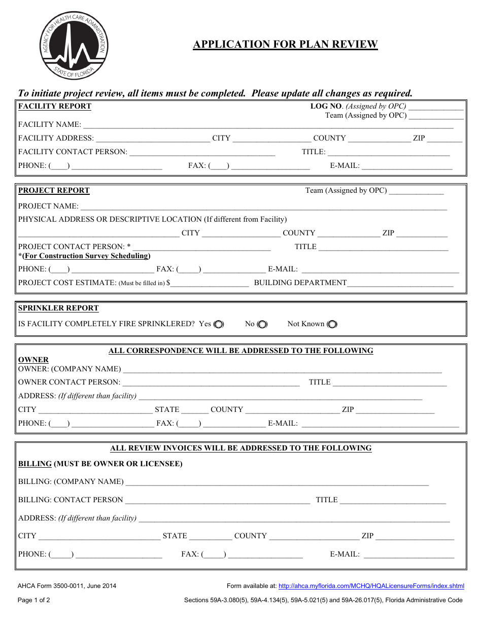 AHCA Form 3500-0011 Application for Plan Review - Florida, Page 1