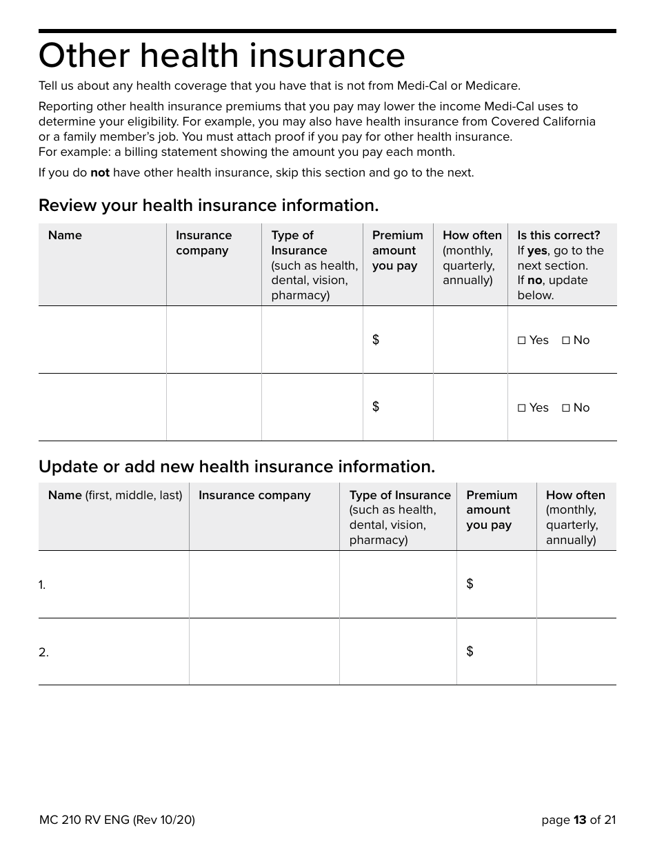 Form MC210 RV Download Fillable PDF or Fill Online MediCal Annual