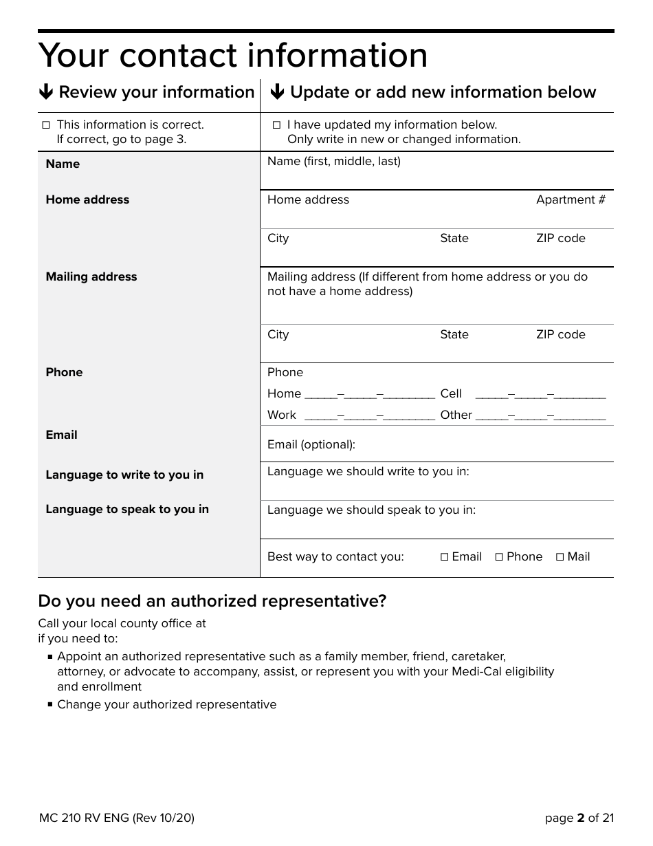 Form MC210 RV Medi-Cal Annual Redetermination - California, Page 2