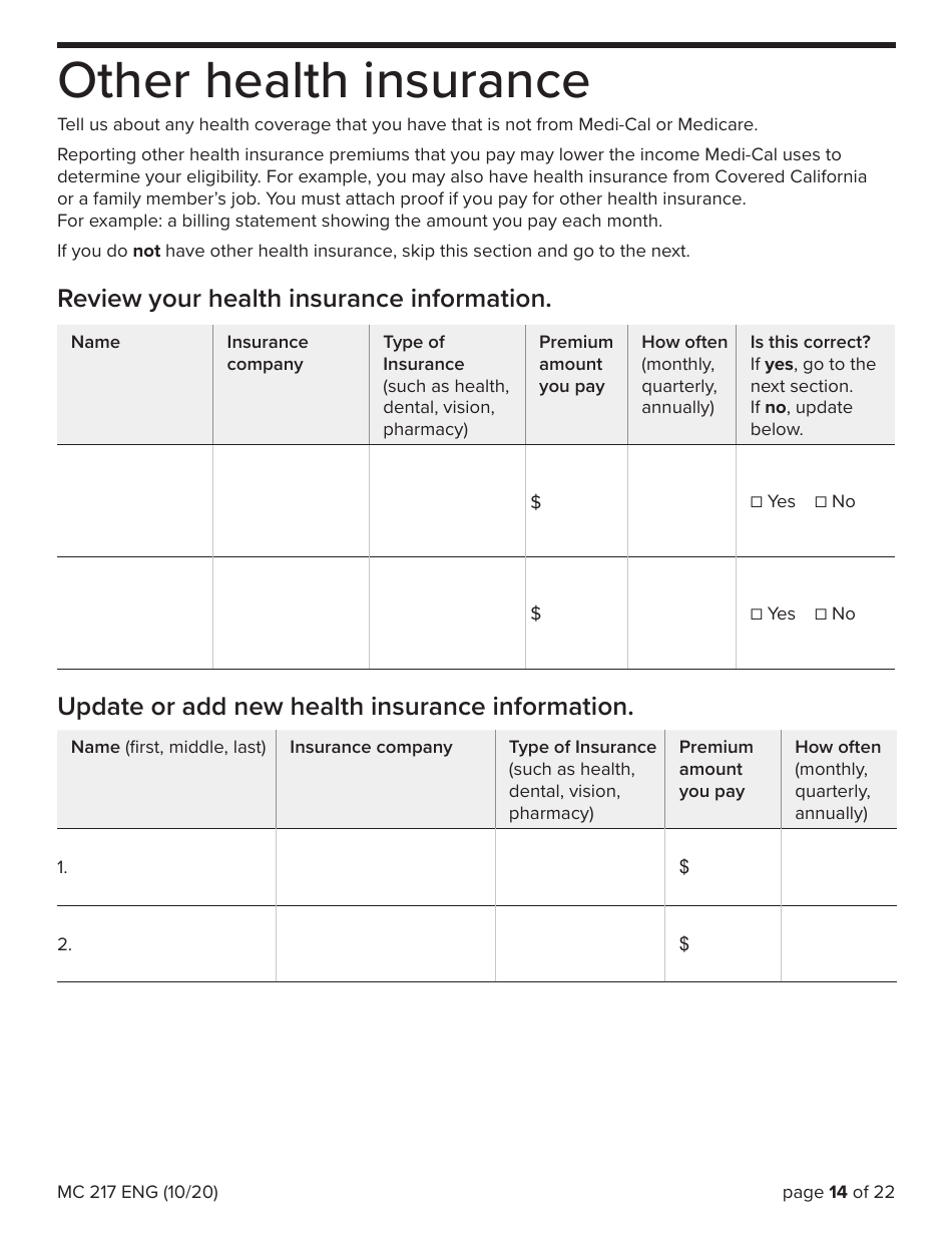 Form MC217 Medi-Cal Renewal Form - California, Page 14