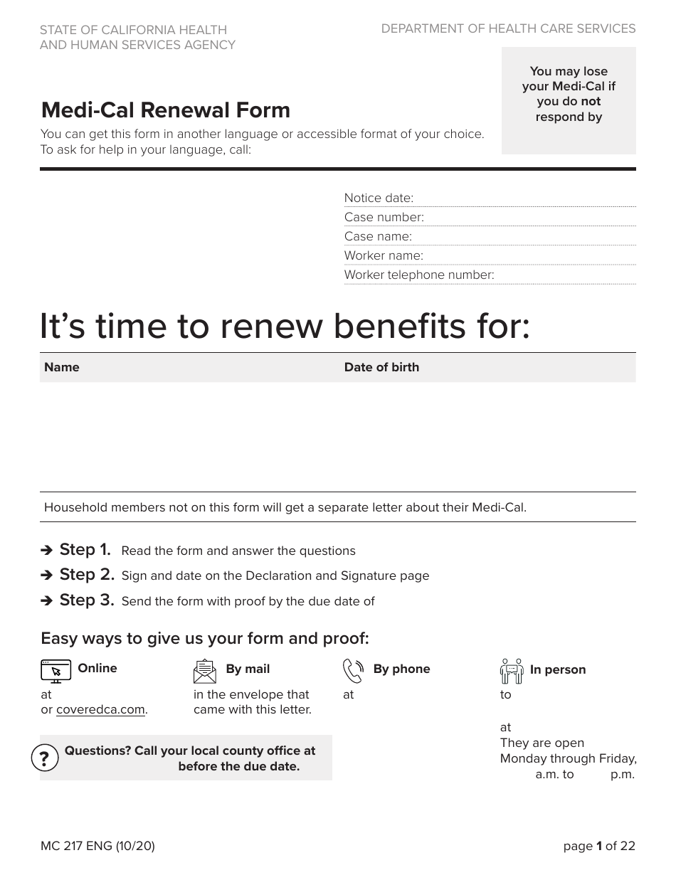 Form MC217 Medi-Cal Renewal Form - California, Page 1