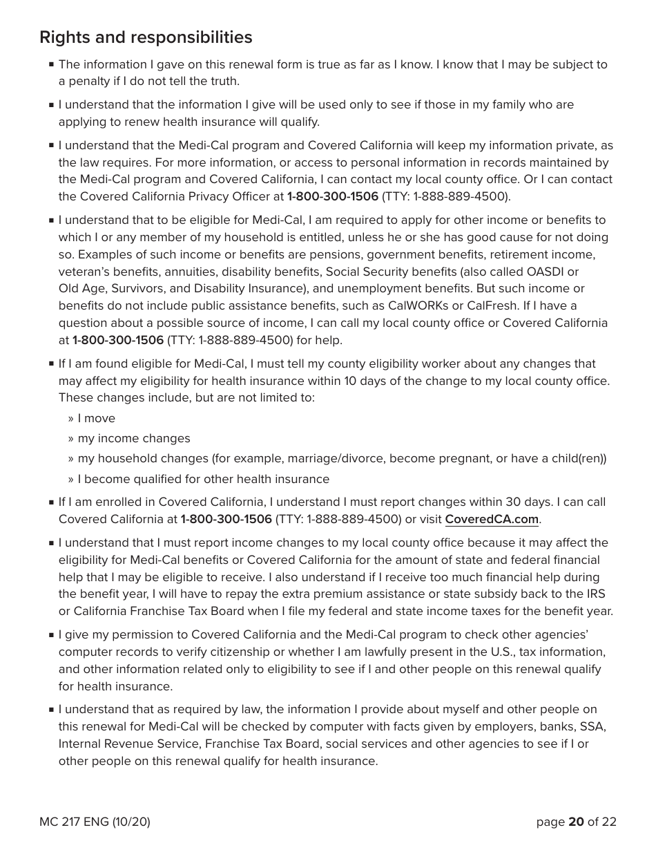 Form MC217 Medi-Cal Renewal Form - California, Page 20