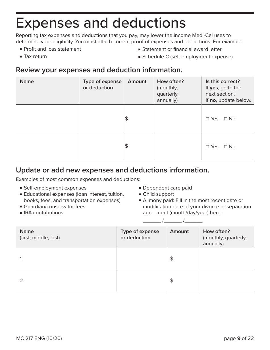 Form MC217 Medi-Cal Renewal Form - California, Page 9