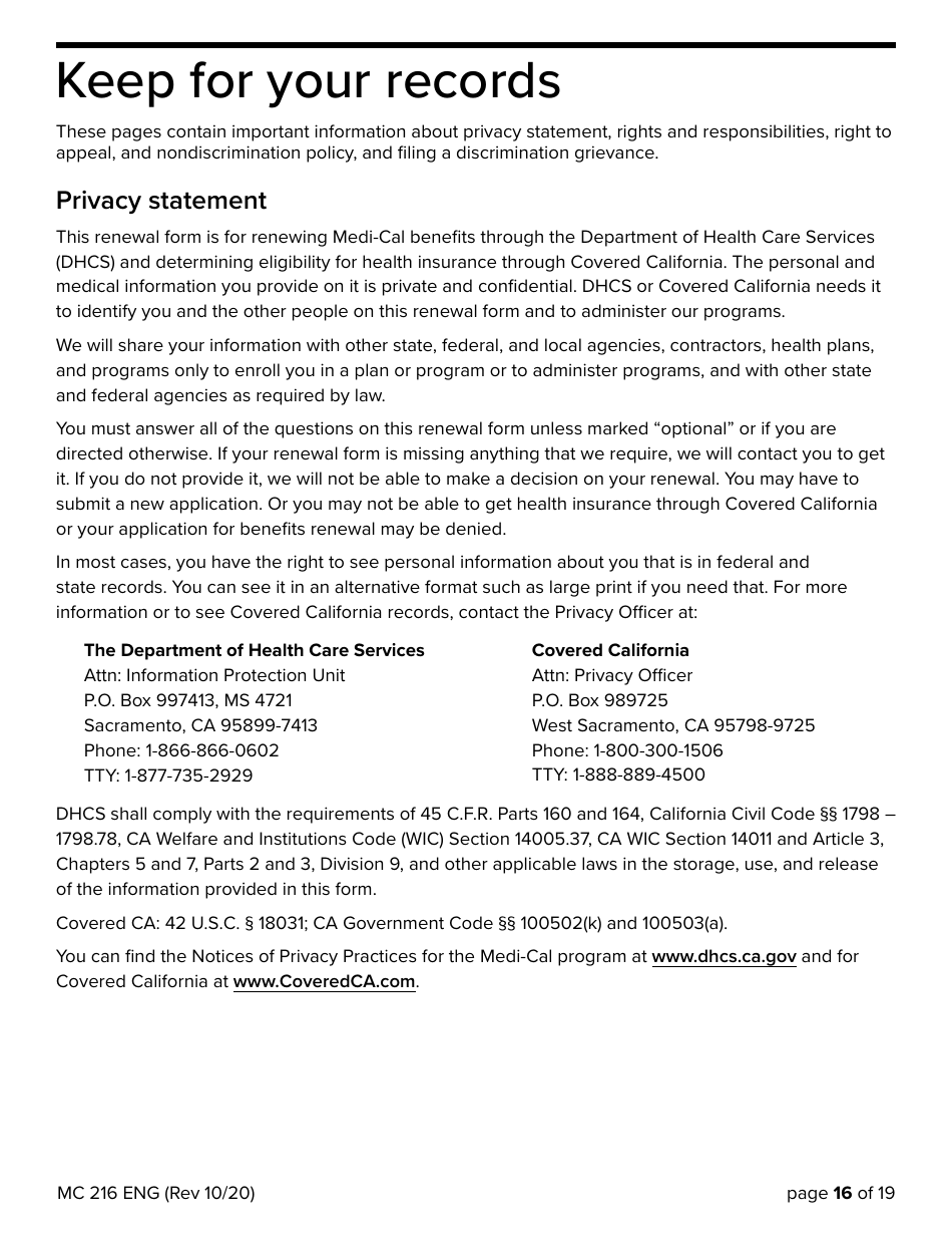 Form MC216 Medi-Cal Renewal Form - California, Page 16