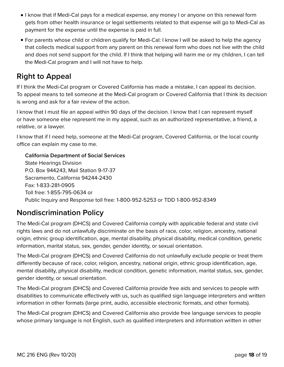 Form MC216 Medi-Cal Renewal Form - California, Page 18