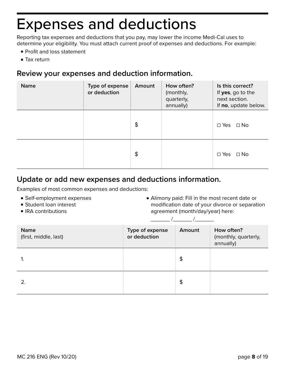 Form MC216 Medi-Cal Renewal Form - California, Page 8