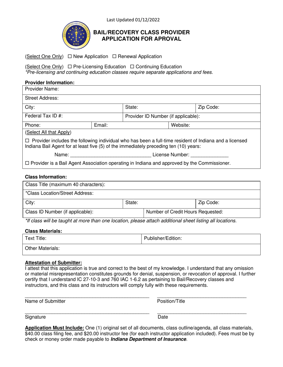 Bail / Recovery Class Provider Application for Aproval - Indiana, Page 1
