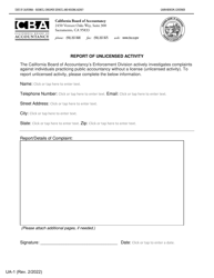 Document preview: Form UA-1 Report of Unlicensed Activity - California