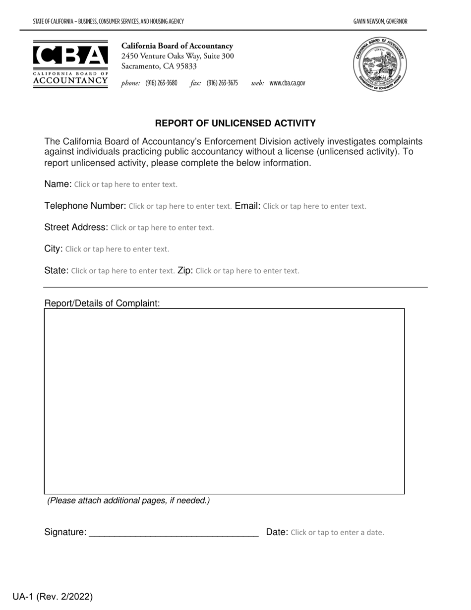 Form UA-1 Report of Unlicensed Activity - California, Page 1