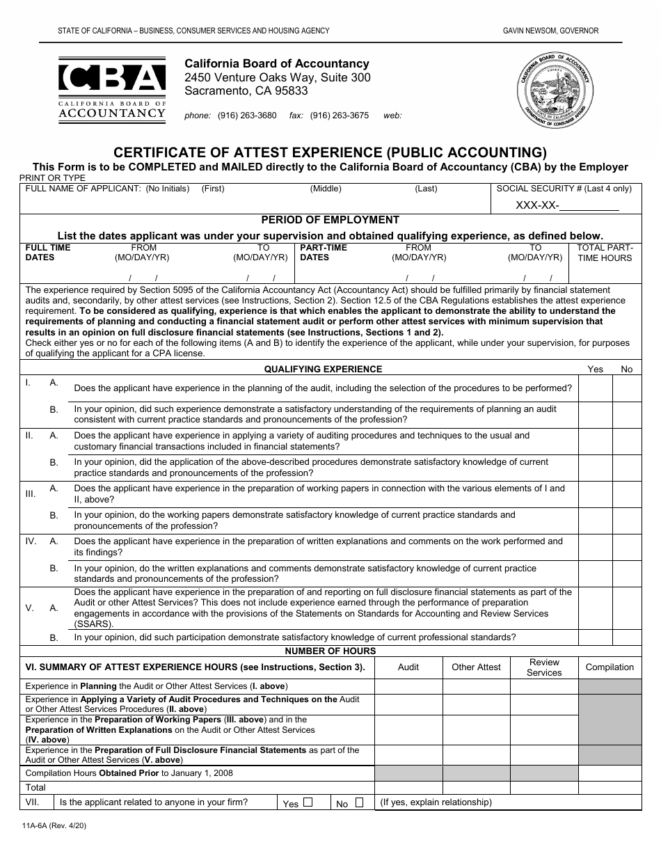 Form 11A-6A Certificate of Attest Experience (Public Accounting) - California, Page 1
