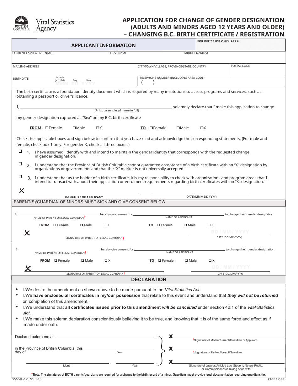 Form VSA509A Application for Change of Gender Designation (Adults and Minors Aged 12 Years and Older) - Changing B.c. Birth Certificate / Registration - British Columbia, Canada, Page 3