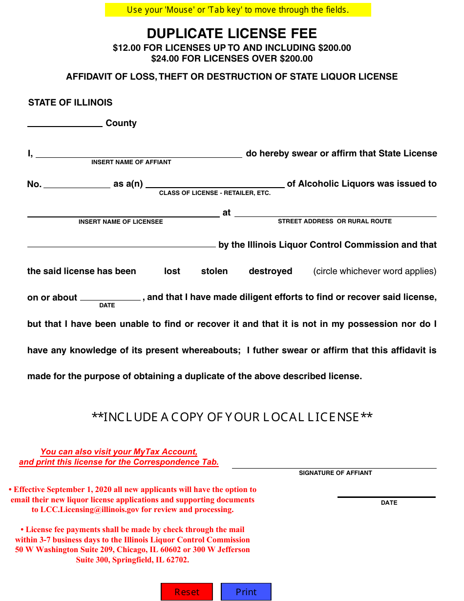 Illinois Affidavit of Loss, Theft or Destruction of State Liquor
