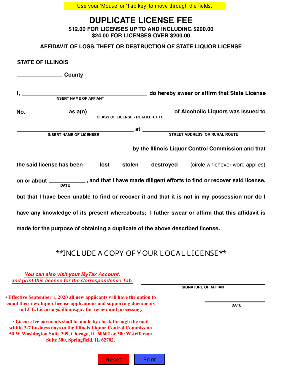 Affidavit of Loss, Theft or Destruction of State Liquor License - Illinois, Page 1