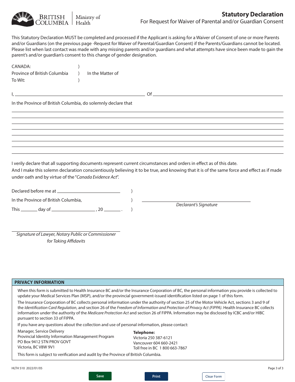 Form HLTH510 Request for Waiver of Parental and / or Guardian Consent for an Application for Change of Gender Designation (Minor) for Bc Services Card, Bc Drivers Licence or Bcid Card - British Columbia, Canada, Page 3