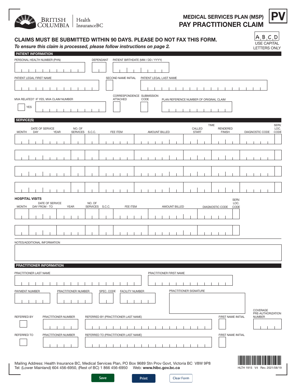 Form HLTH1915 Pay Practitioner Claim - Medical Services Plan (Msp) - British Columbia, Canada, Page 1