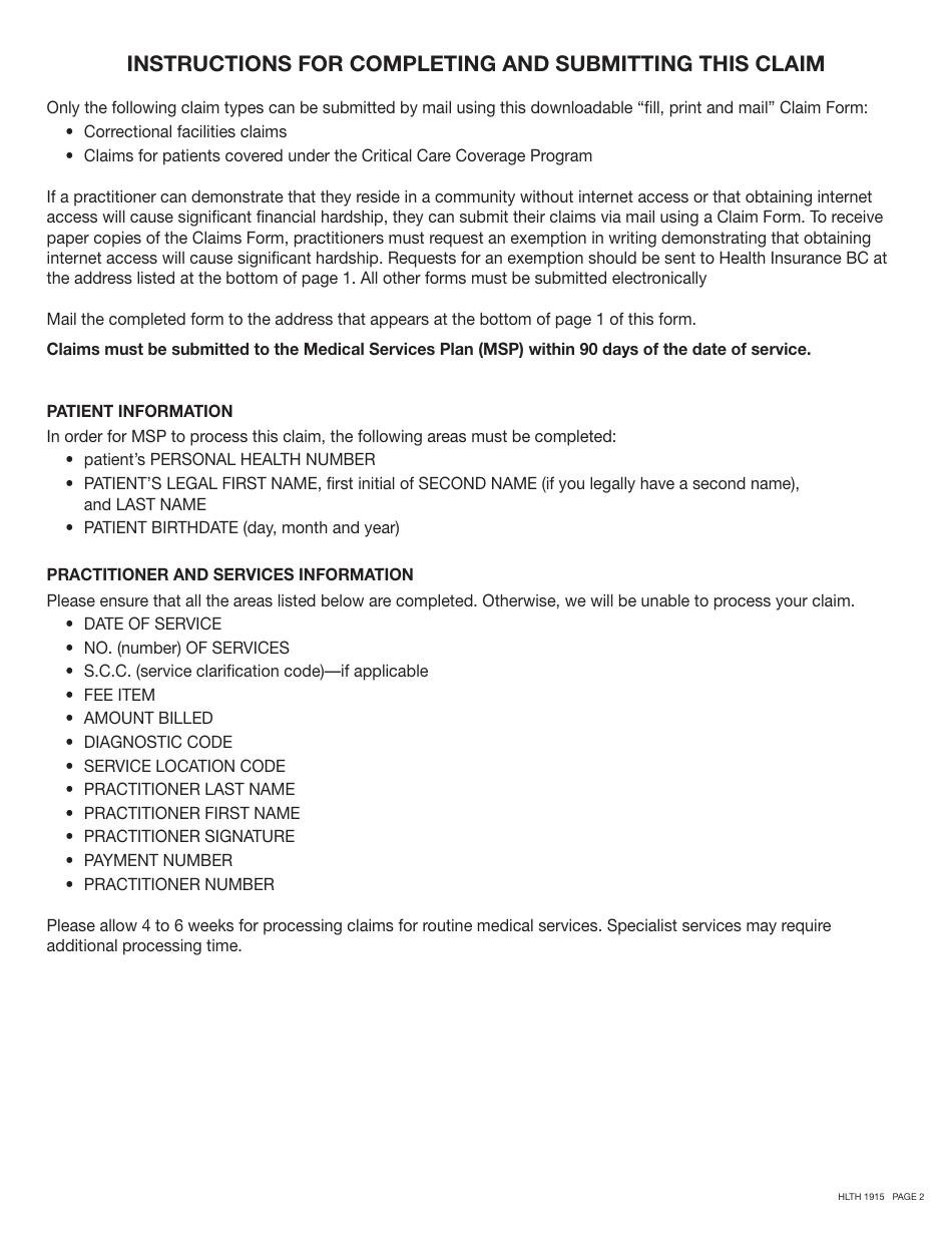 Form HLTH1915 Pay Practitioner Claim - Medical Services Plan (Msp) - British Columbia, Canada, Page 2