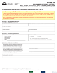 Document preview: Form HLTH5844 Pharmacare Biosimilars Initiative Support: Insulin Aspart/Insulin Lispro Patient List Request - British Columbia, Canada