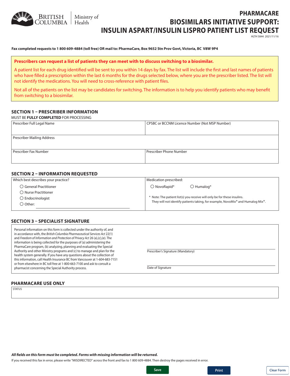 Form HLTH5844 Pharmacare Biosimilars Initiative Support: Insulin Aspart / Insulin Lispro Patient List Request - British Columbia, Canada, Page 1