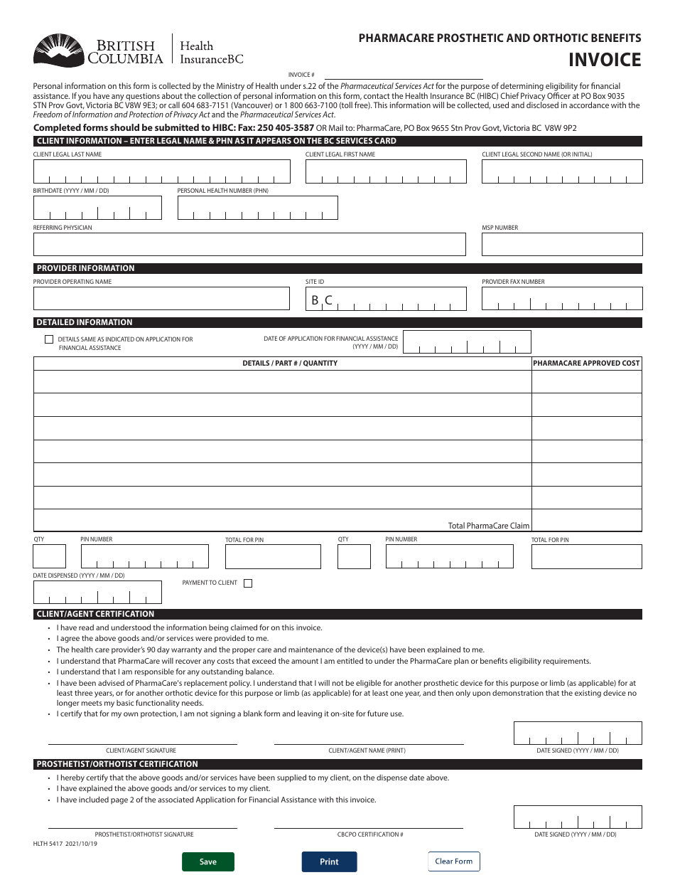 Form HLTH5417 Pharmacare Prosthetic and Orthotic Benefits Invoice - British Columbia, Canada, Page 1