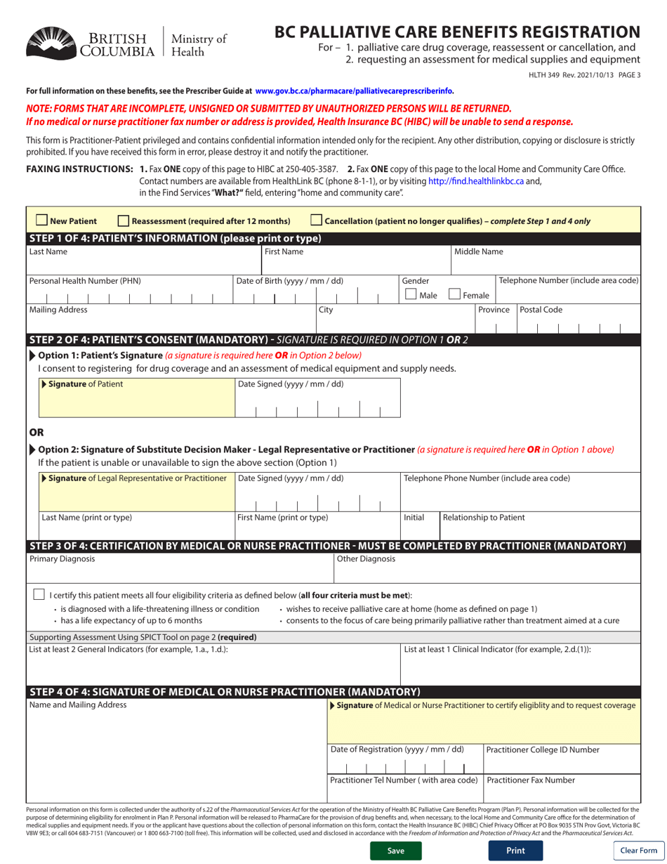 Form HLTH349 Bc Palliative Care Benefits Registration - British Columbia, Canada, Page 3