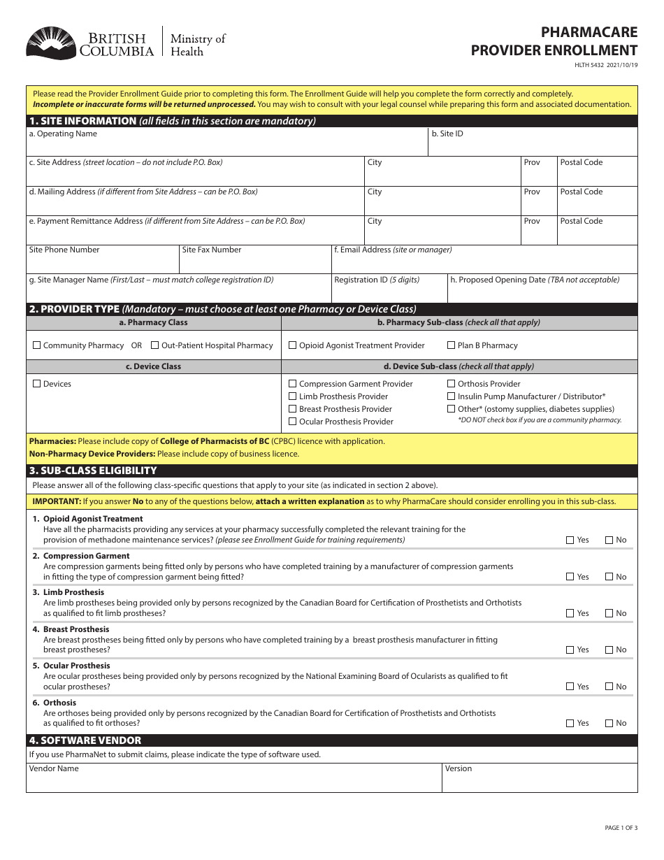 Form HLTH5432 Pharmacare Provider Enrollment - British Columbia, Canada, Page 1
