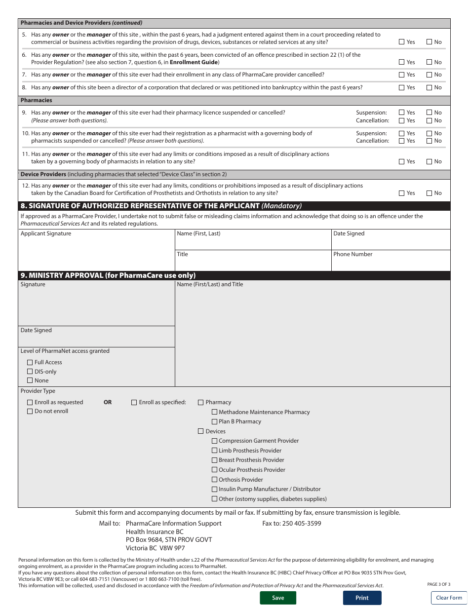Form HLTH5432 Pharmacare Provider Enrollment - British Columbia, Canada, Page 3