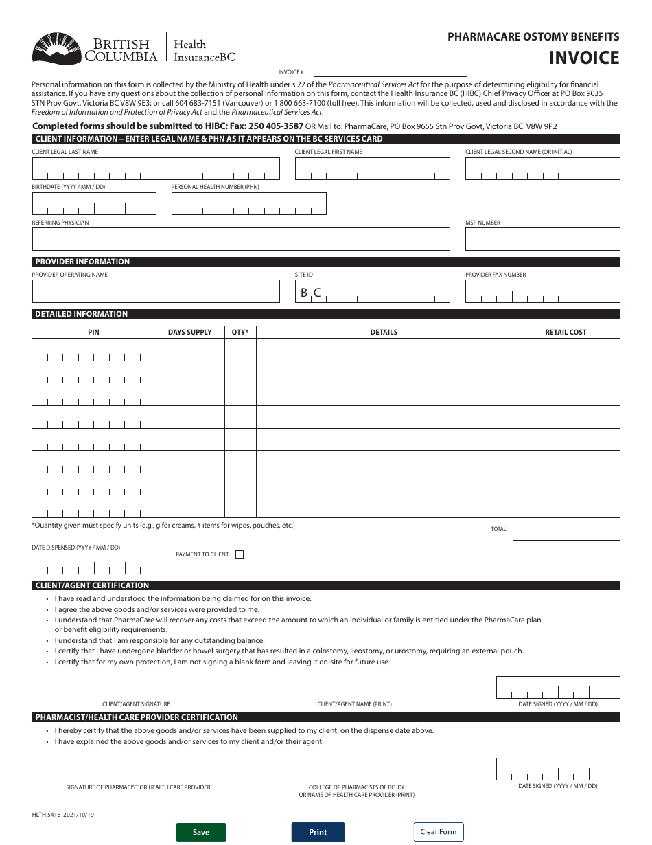 Form HLTH5416 Pharmacare Ostomy Benefits Invoice - British Columbia, Canada, Page 1
