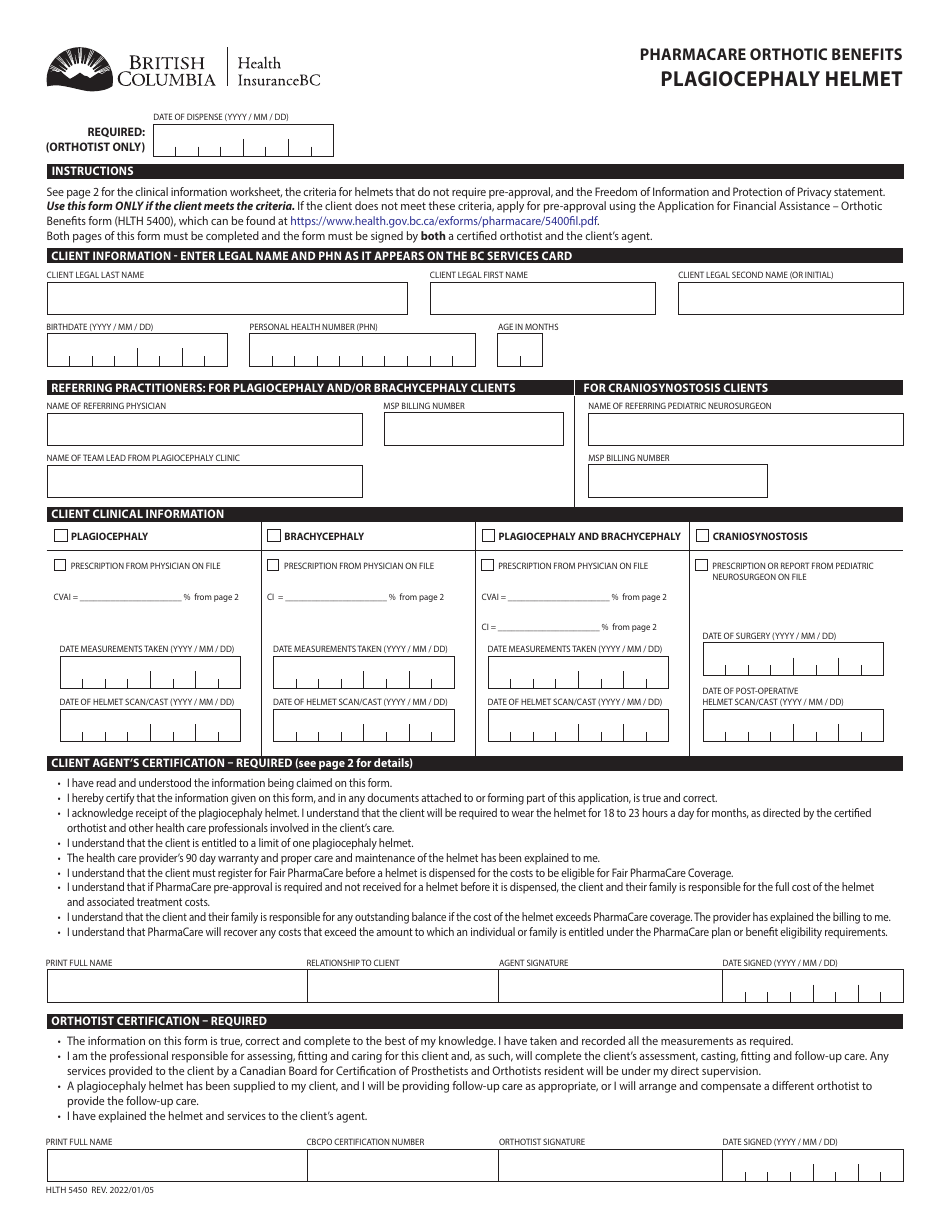 Form HLTH5450 Pharmacare Orthotic Benefits Plagiocephaly Helmet - British Columbia, Canada, Page 1