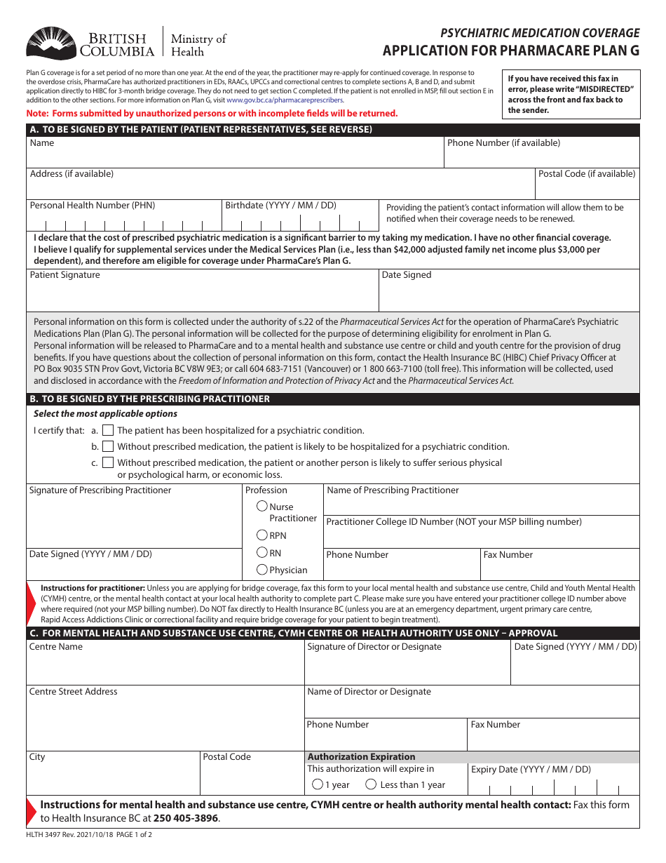 Form HLTH3497 Application for Pharmacare Plan G - British Columbia, Canada, Page 1