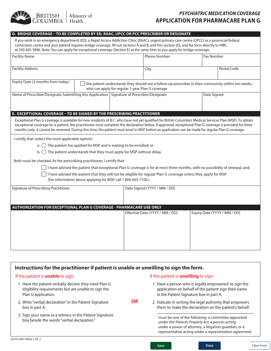 Form HLTH3497 Application for Pharmacare Plan G - British Columbia, Canada, Page 2