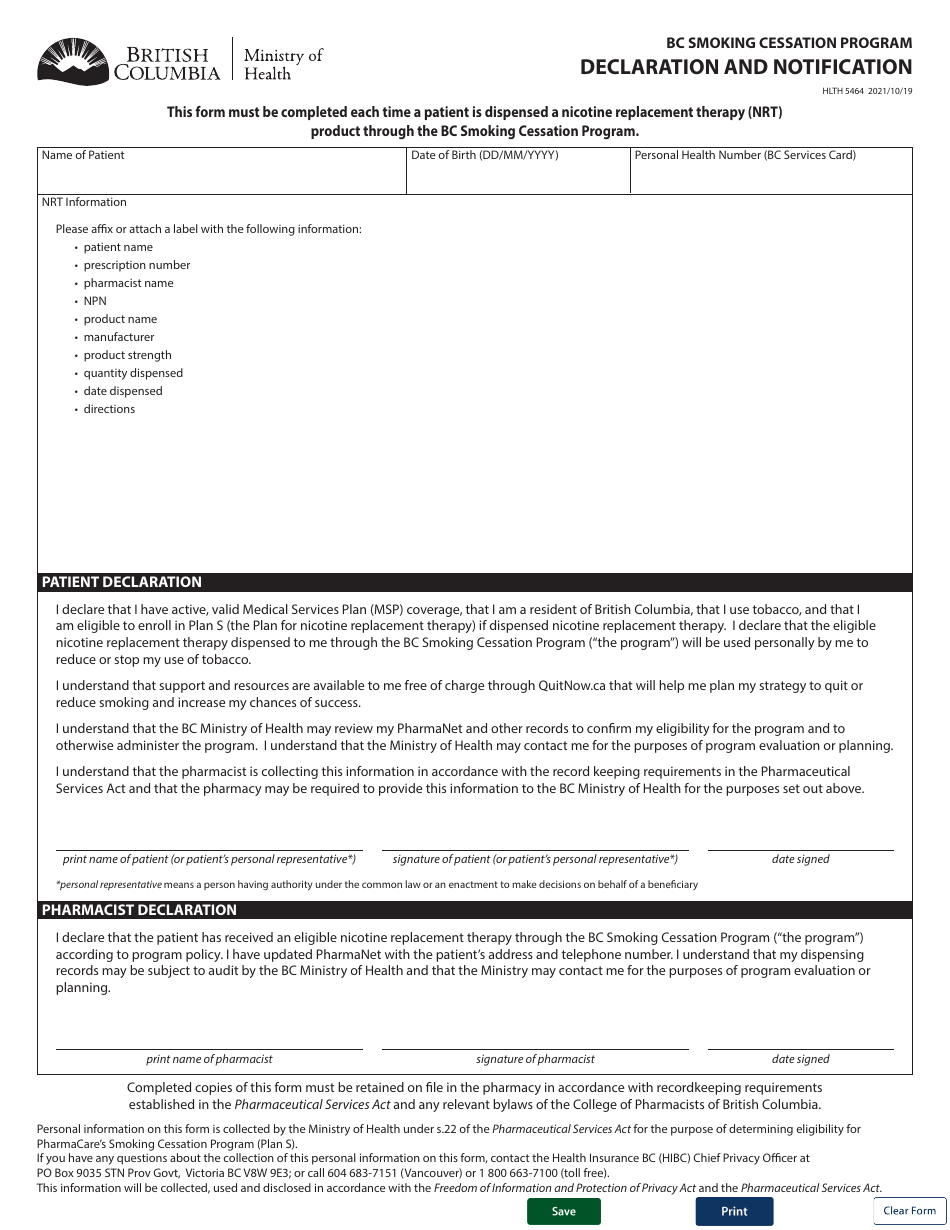 Form HLTH5464 Declaration and Notification - Bc Smoking Cessation Program - British Columbia, Canada, Page 1