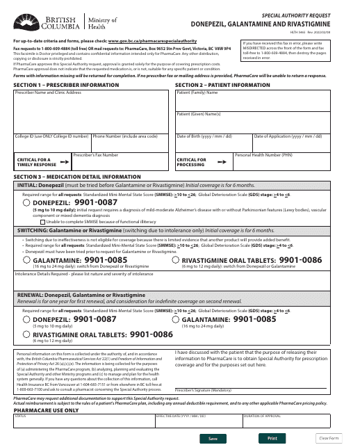 Form HLTH5465 Special Authority Request - Donepezil, Galantamine and Rivastigmine - British Columbia, Canada