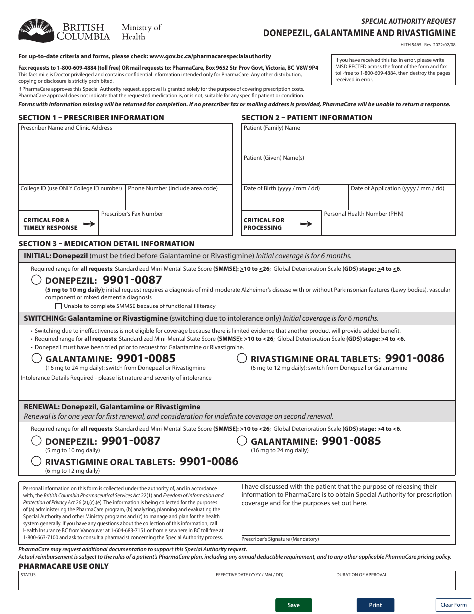 Form HLTH5465 Special Authority Request - Donepezil, Galantamine and Rivastigmine - British Columbia, Canada, Page 1