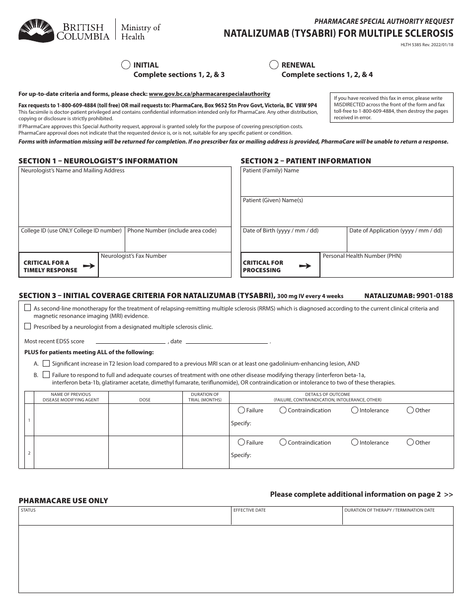 Form HLTH5385 Download Fillable PDF or Fill Online Pharmacare Special ...