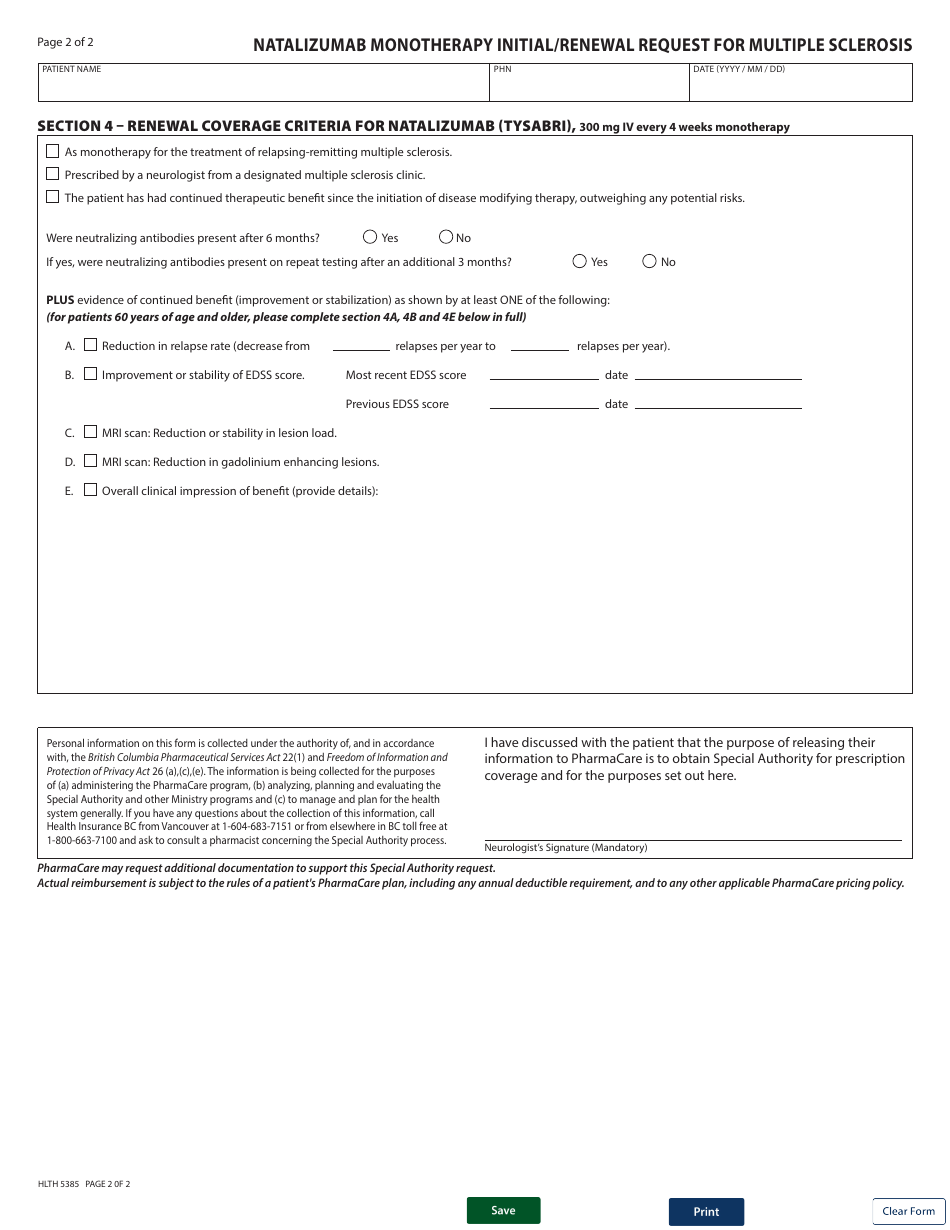 Form HLTH5385 Pharmacare Special Authority Request - Natalizumab (Tysabri) for Multiple Sclerosis - British Columbia, Canada, Page 2