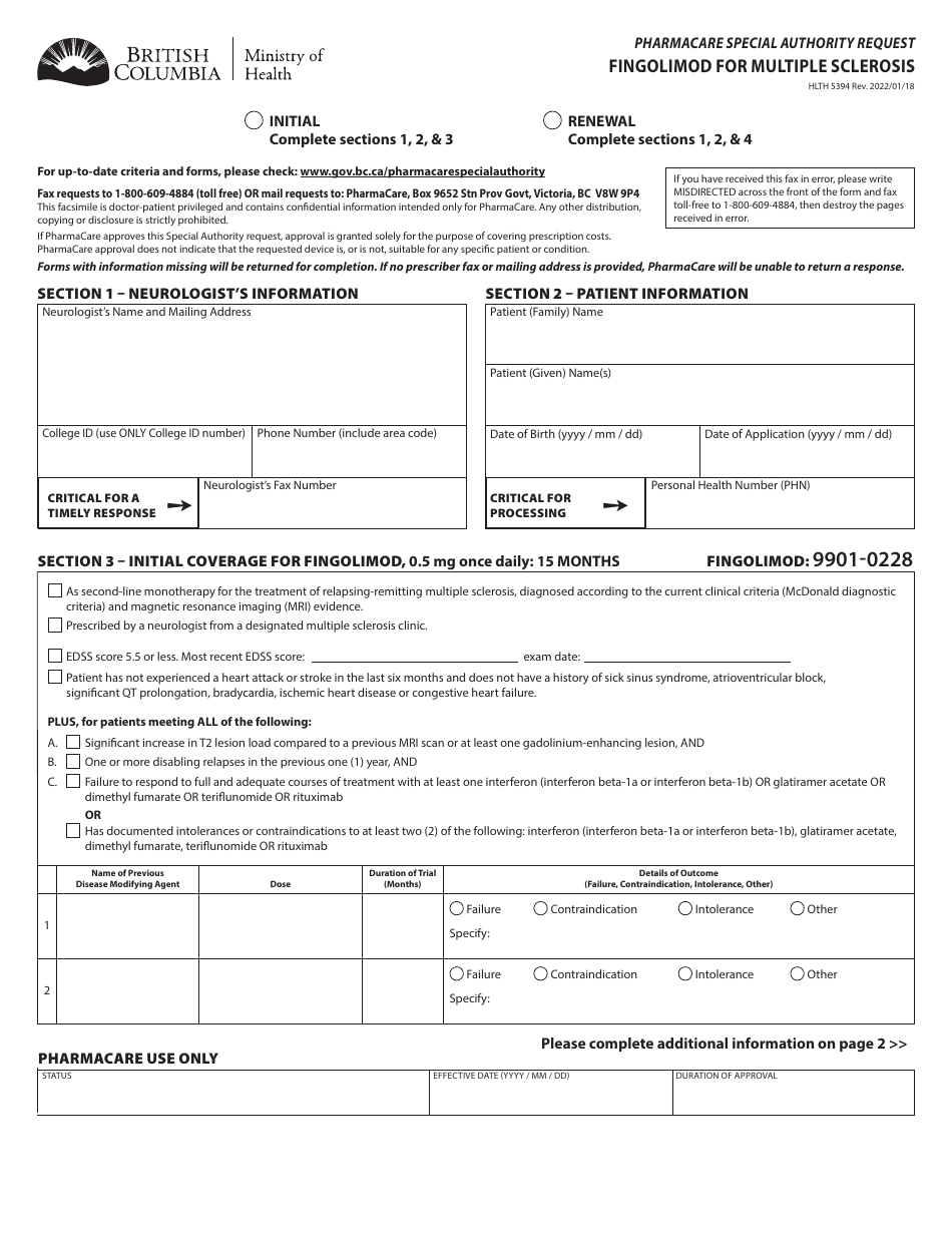 Form HLTH5394 Pharmacare Special Authority Request - Fingolimod for Multiple Sclerosis - British Columbia, Canada, Page 1