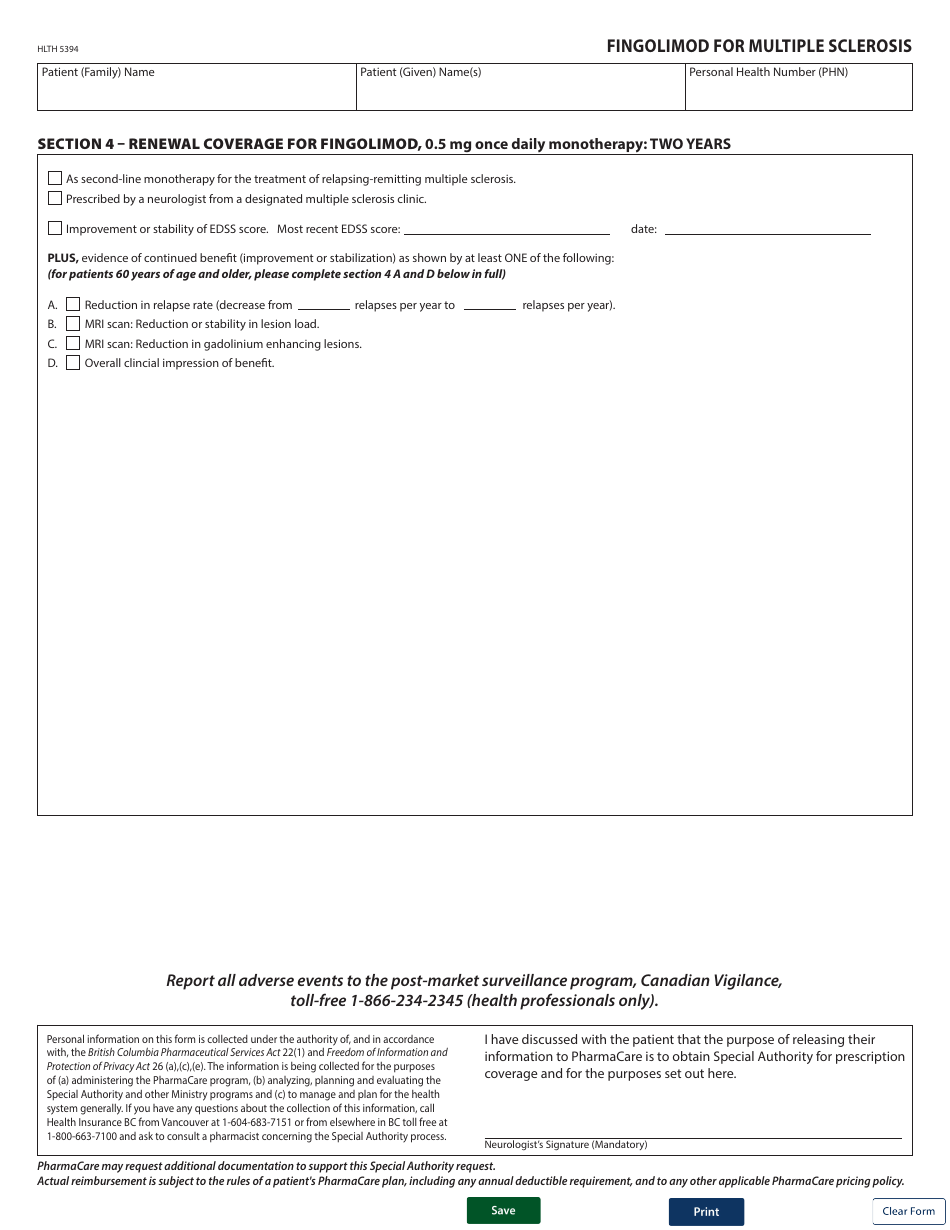 Form HLTH5394 Pharmacare Special Authority Request - Fingolimod for Multiple Sclerosis - British Columbia, Canada, Page 2