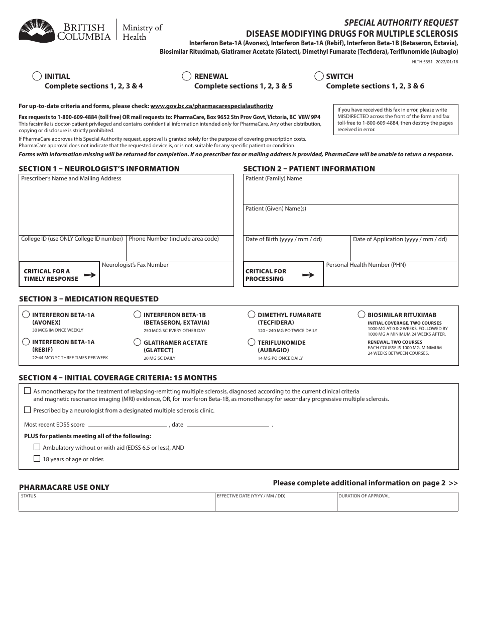 Form HLTH5351 Special Authority Request - Disease Modifying Drugs for Multiple Sclerosis - British Columbia, Canada, Page 1