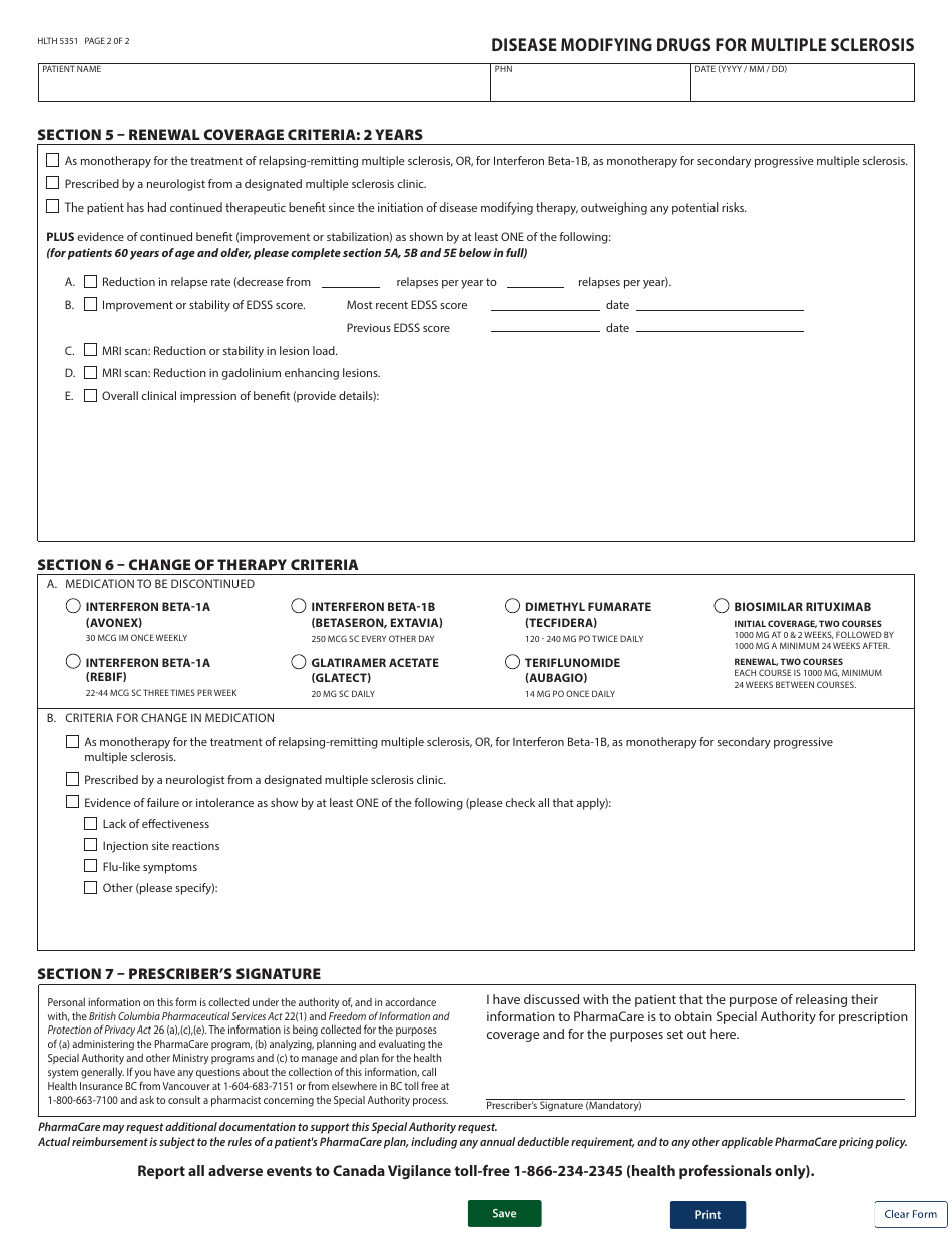 Form HLTH5351 Special Authority Request - Disease Modifying Drugs for Multiple Sclerosis - British Columbia, Canada, Page 2