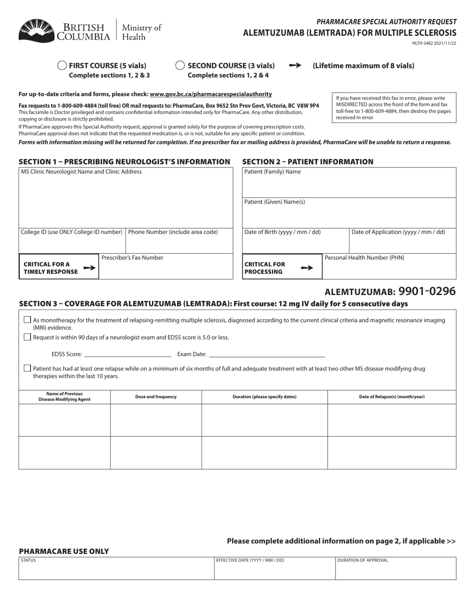 Form HLTH5482 Pharmacare Special Authority Request - Alemtuzumab (Lemtrada) for Multiple Sclerosis - British Columbia, Canada, Page 1