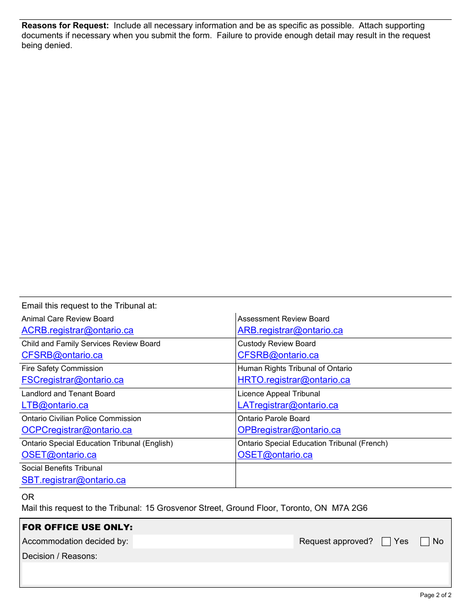 Form TO001E Accommodation Request - Ontario, Canada, Page 2