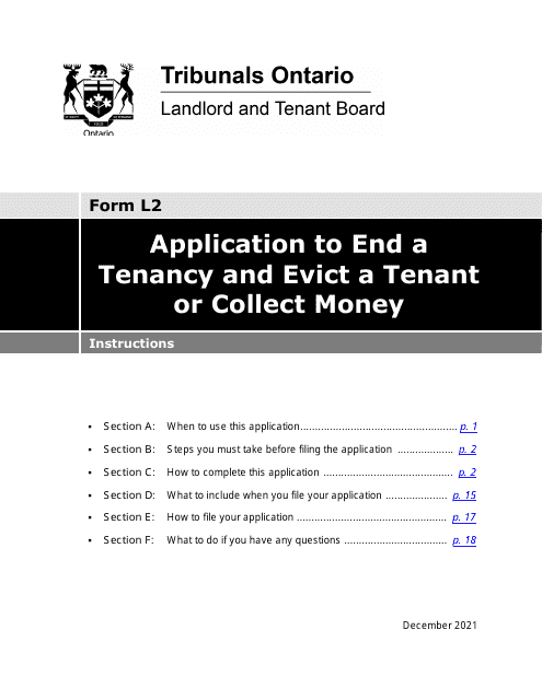 Instructions for Form L2 Application to End a Tenancy and Evict a Tenant or Collect Money - Ontario, Canada