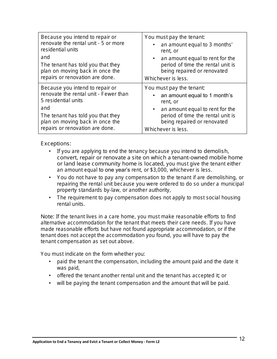Instructions for Form L2 Application to End a Tenancy and Evict a Tenant or Collect Money - Ontario, Canada, Page 13