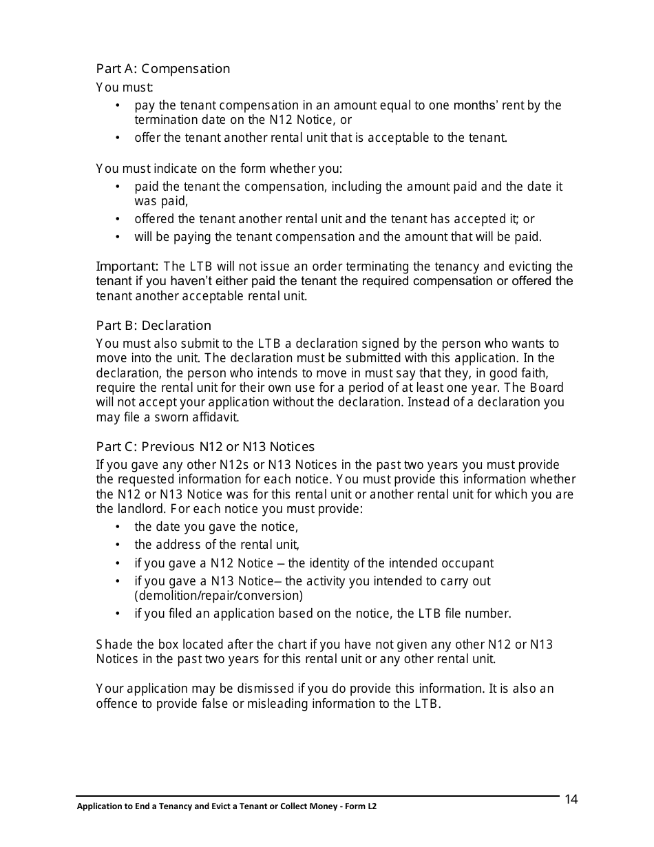 Instructions for Form L2 Application to End a Tenancy and Evict a Tenant or Collect Money - Ontario, Canada, Page 15
