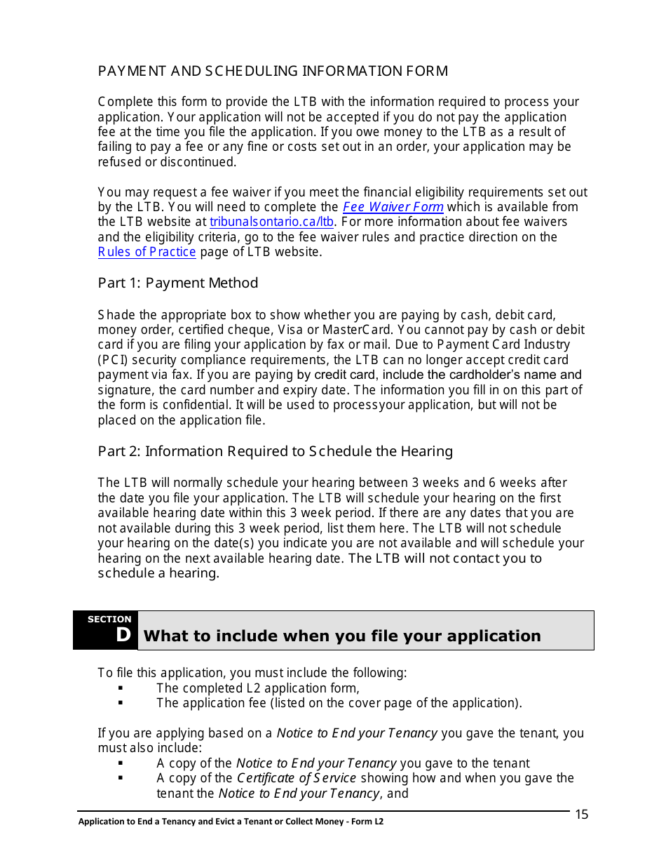 Instructions for Form L2 Application to End a Tenancy and Evict a Tenant or Collect Money - Ontario, Canada, Page 16